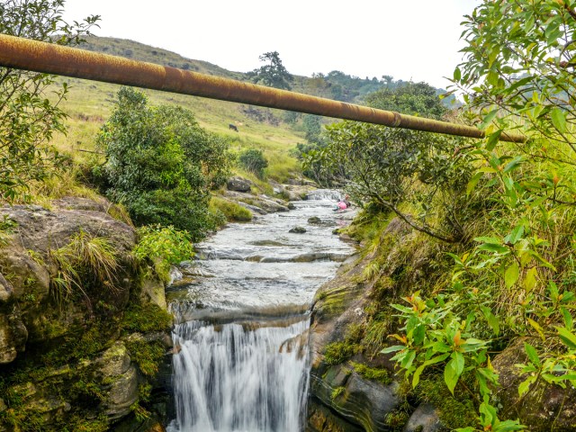 Horizontal tree log over river and small waterfall in Māwsynrām, India