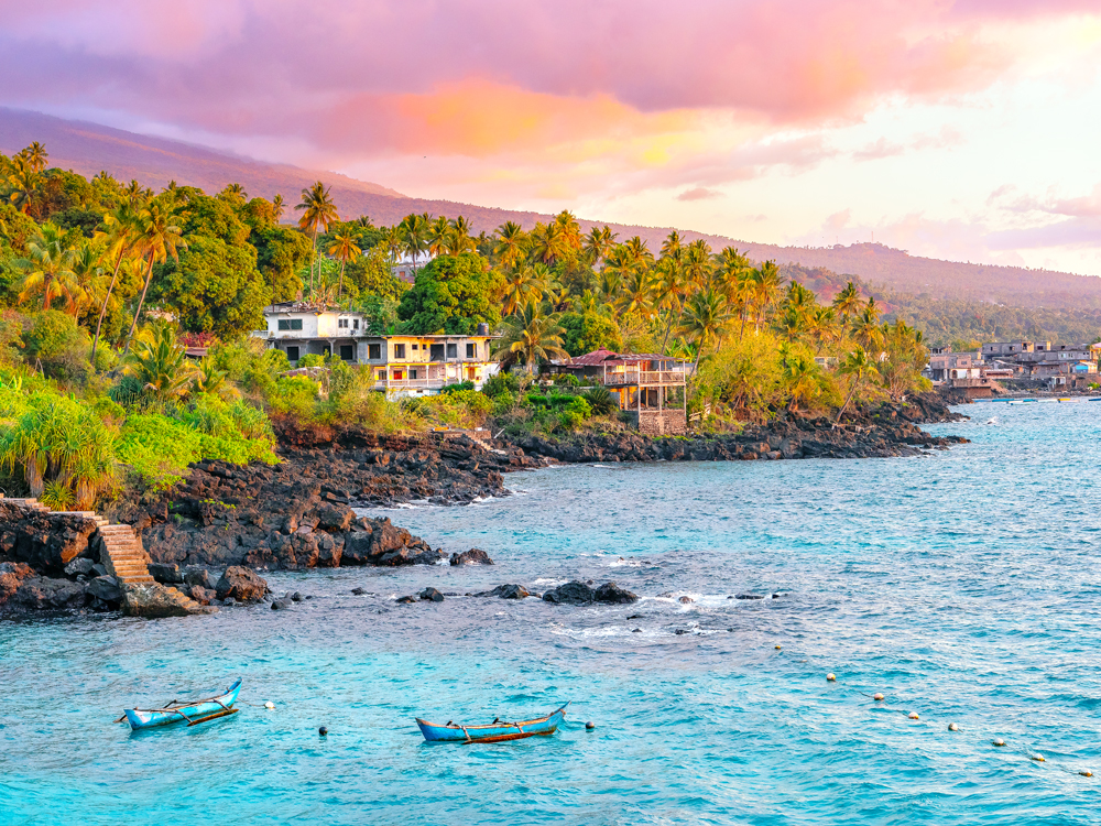 Coastline of Comoros in eastern Africa, seen at sunset