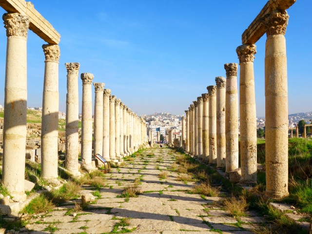 The Cardo Maximus ancient Roman road in modern-day Jordan, flanked by ruins of columns