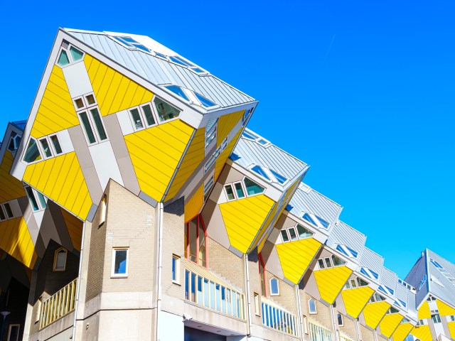 Unique slanted cubes of Kubuswoningen apartments in  Rotterdam, The Netherlands
