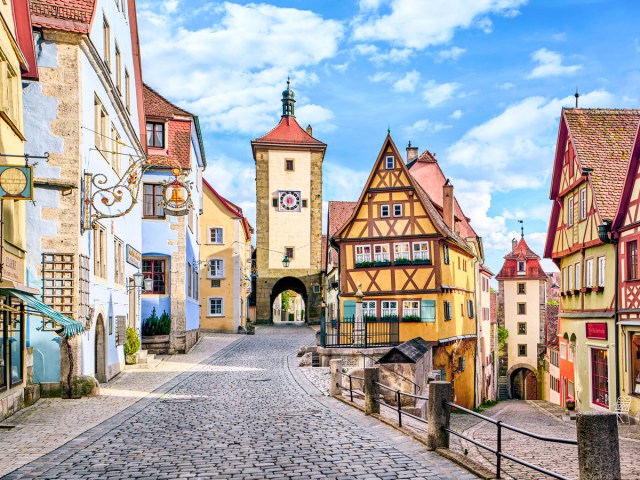 Cobblestone street in medieval town of Rothenburg ob der Tauber, Germany