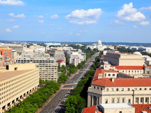 Aerial view of Washington, D.C., with U.S. Capitol building in distance