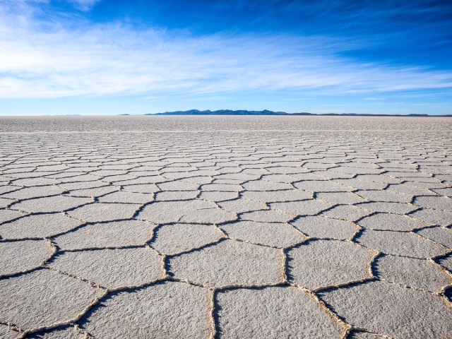 Cracked surface of Salar de Uyuni, world's largest salt flat, in Bolivia