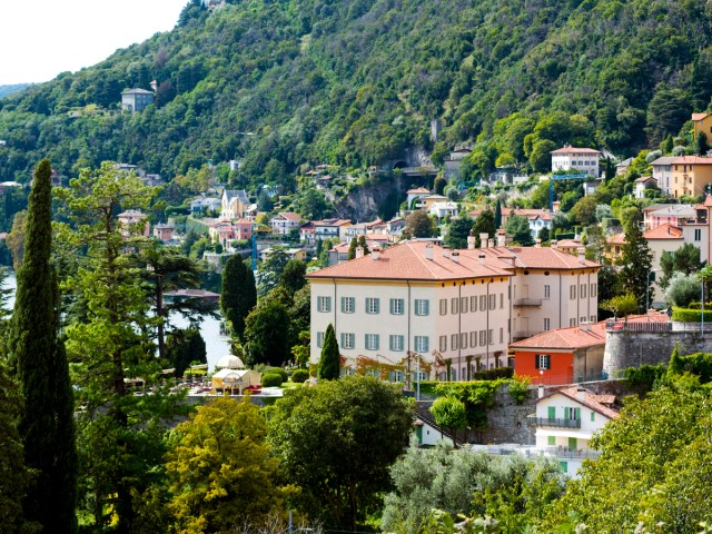 Aerial view of the Passalacqua hotel and surrounding scenery in Lake Como, Italy