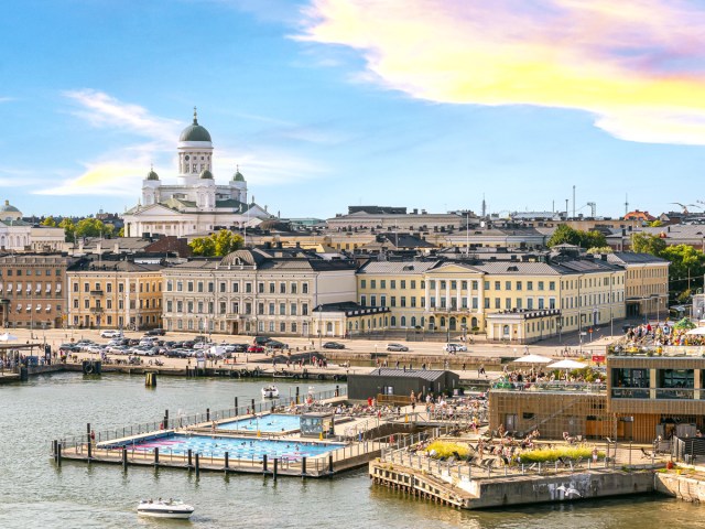 Aerial view of buildings and waterfront in Helsinki, Finland