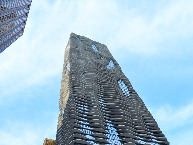 View from street level looking up at Aqua Apartments in Chicago, Illinois