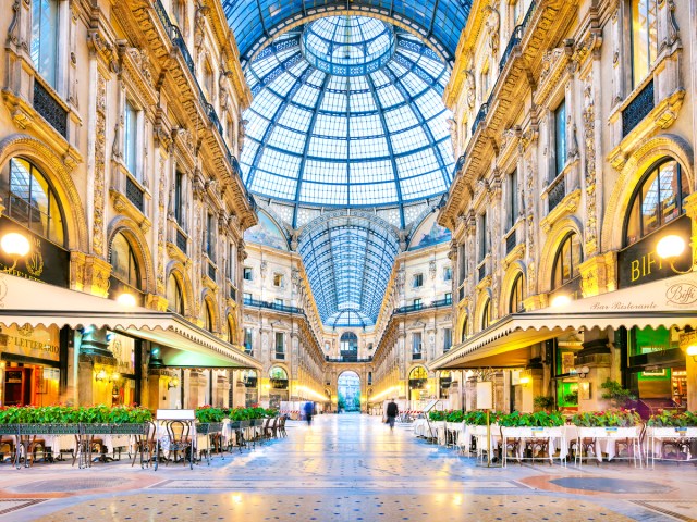 Inside the light-filled Galleria Vittorio Emanuele II in Milan, Italy