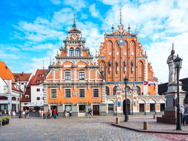 Cobblestone square in front of the House of the Black Heads in Riga, Latvia