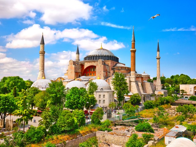 Aerial view of bird flying over the Hagia Sophia in Istanbul, Turkey