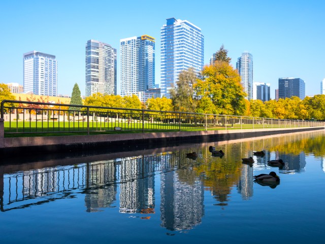 High-rises next to lake in downtown Bellevue, Washington