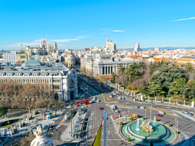 Aerial view of traffic circle in Madrid, Spain