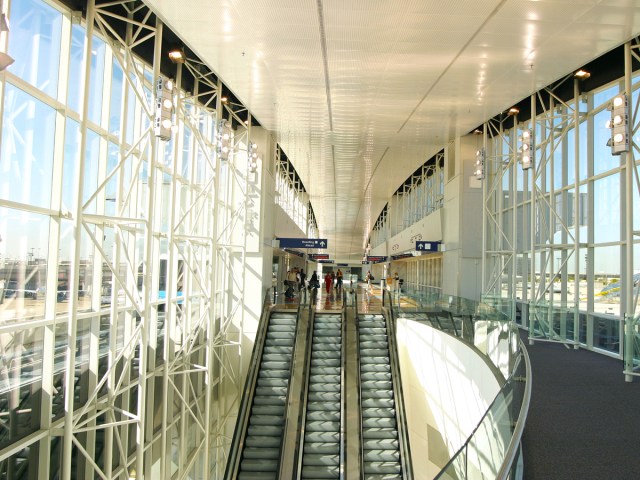 Light-filled interior of terminal building at Dallas/Fort Worth International Airport in Texas