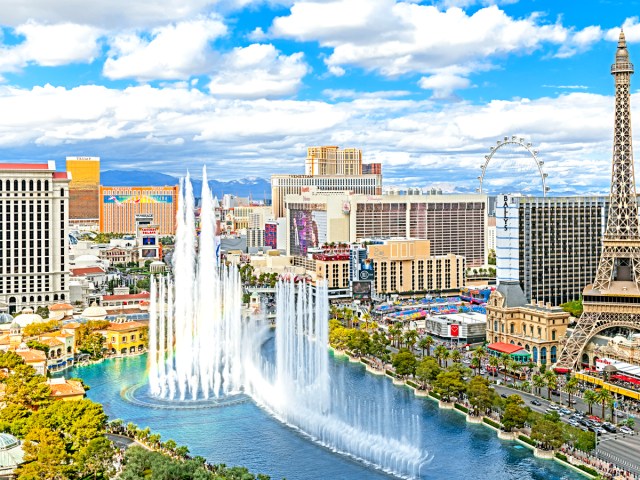 Aerial view of Fountains at Bellagio and the Las Vegas Strip