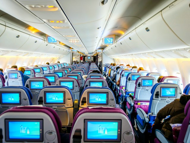 View of seatback entertainment screens in airplane cabin