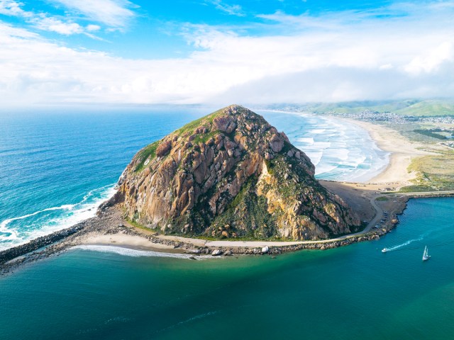 Aerial view of Morro Rock in Morro Bay, California