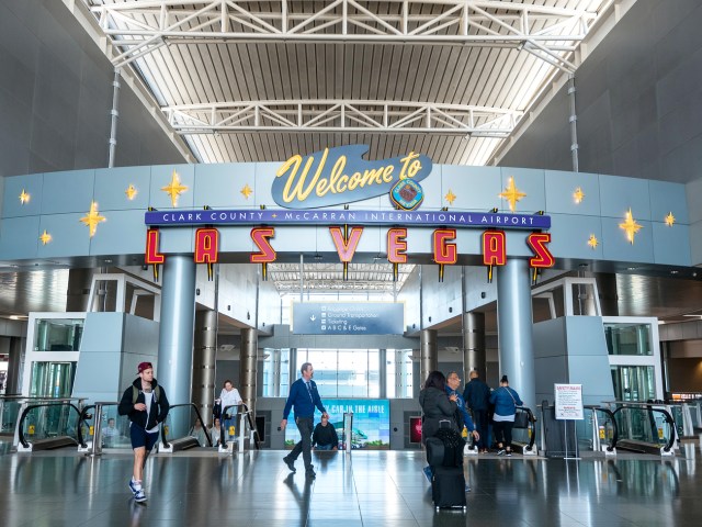 Sign inside passenger terminal at Harry Reid International Airport in Nevada proclaiming, "Welcome to Las Vegas"