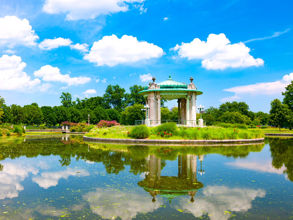 Pond and pagoda at Forest Park in St. Louis, Missouri