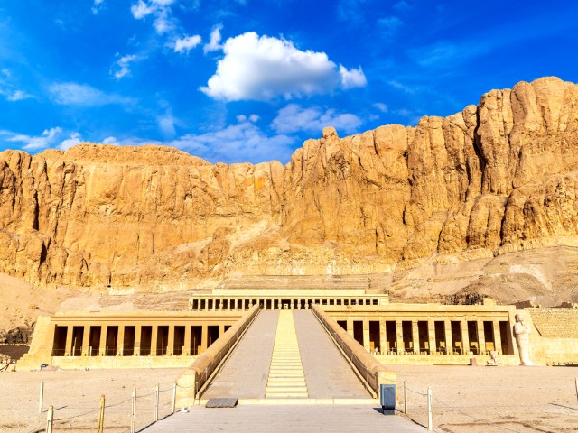 Hatshepsut Temple surrounded by desert and mountains in Luxor, Egypt