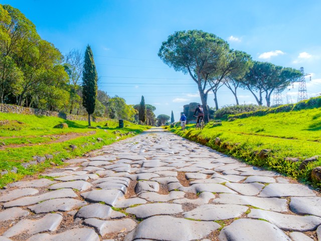 Close-up view of the stones that make up the Appian Way in Italy