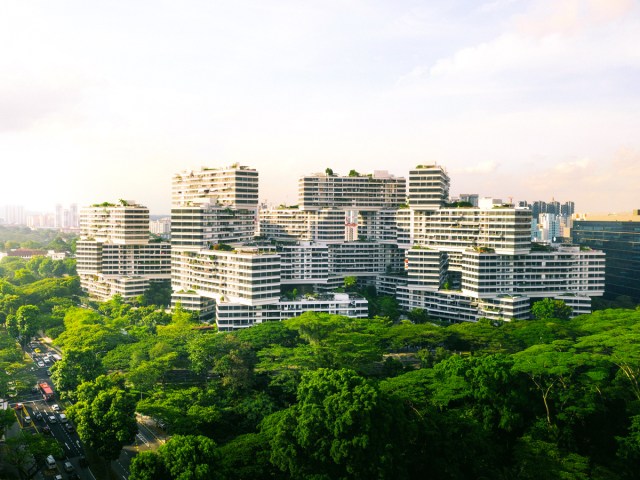 Aerial view of the Interlace apartment complex in Singapore