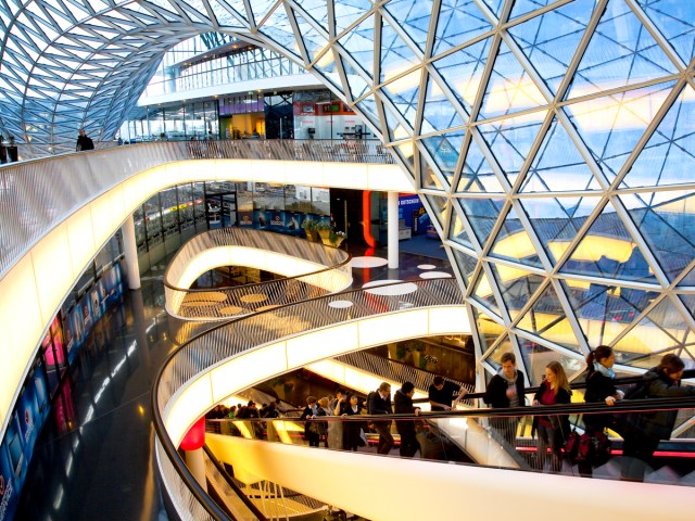 Vortex-like interior of MyZeil shopping mall in Frankfurt, Germany