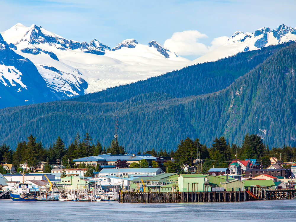 Docks, buildings, and mountains in Petersburg, Alaska