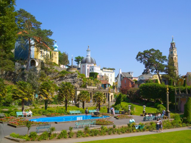 Park and buildings in Portmeirion, Wales