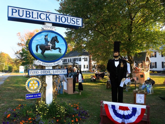 Sign and lawn decorations for the Publick House in Sturbridge, Massachusetts