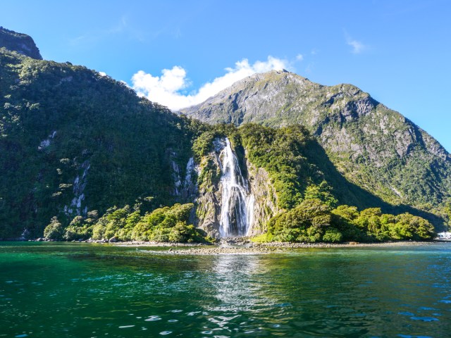 Waterfall along the Milford Sound in New Zealand