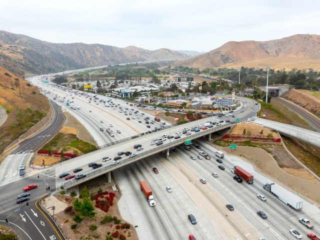 Aerial view of bridge over California State Route 91 in Los Angeles, California