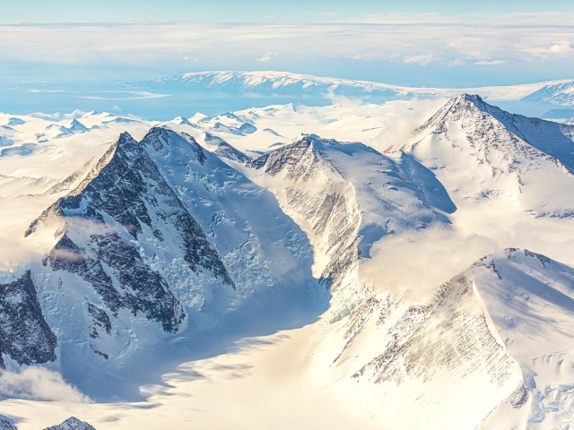 Snow-covered Transantarctic Mountains in Antarctica, seen from above