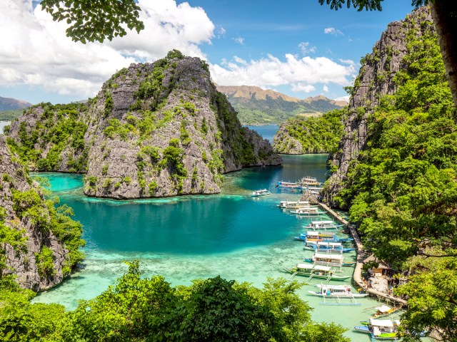 Boats docked in the Philippine island province of Palawan, seen from above