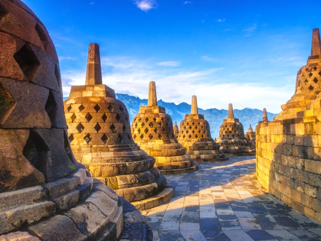 Stupas lining terrace of Borobudur Temple in Indonesia