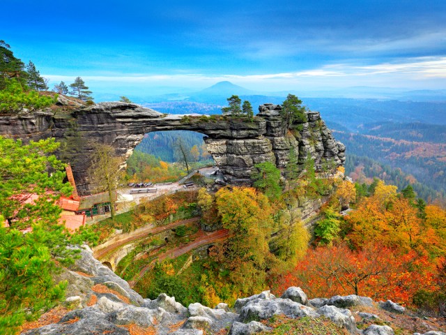 Pravcicka Brana in Czech Republic seen from viewpoint overlooking forested valley