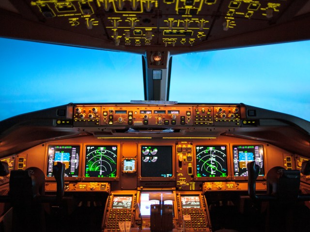 View inside modern airliner cockpit