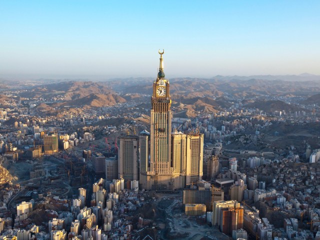 Aerial view of Abraj Al Bait and surrounding cityscape of Mecca, Saudi Arabia