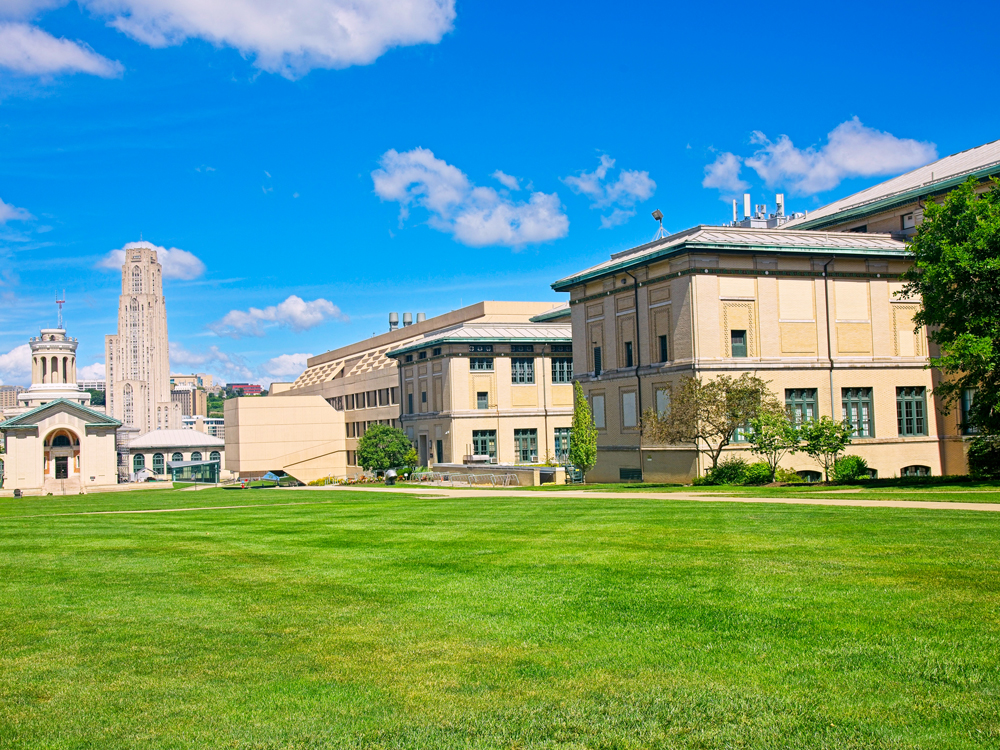 Manicured lawn and campus buildings at Carnegie Mellon University in Pittsburgh, Pennsylvania