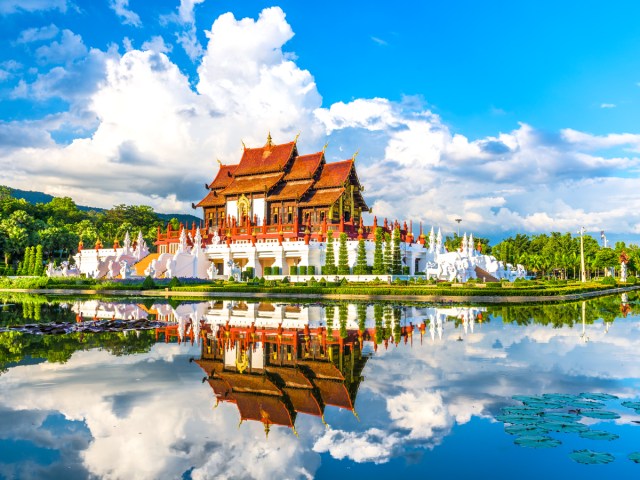 Temple with reflection on water in Chiang Mai, Thailand