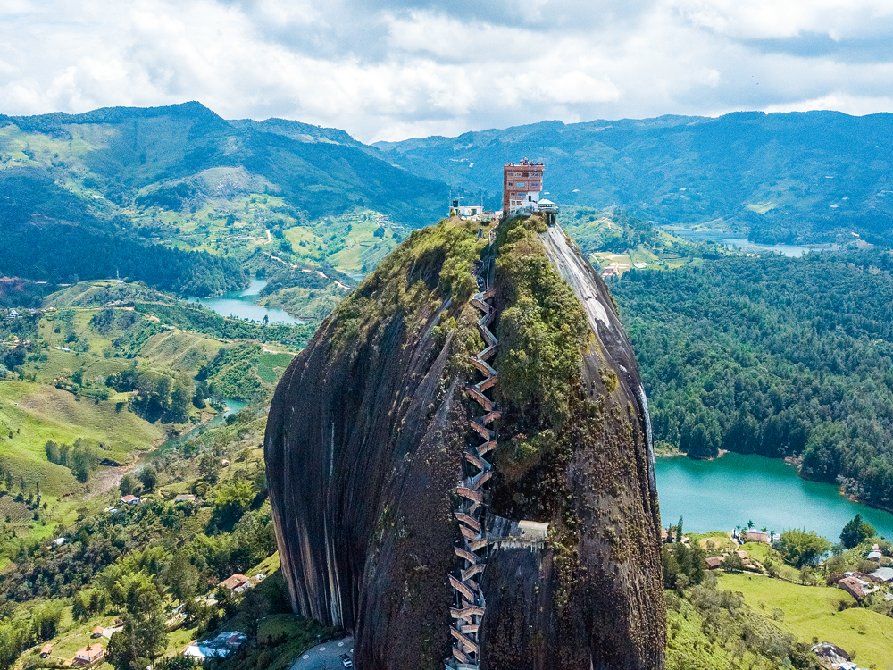 Aerial view of staircase winding up the El Peñón de Guatapé rock formation in Colombia