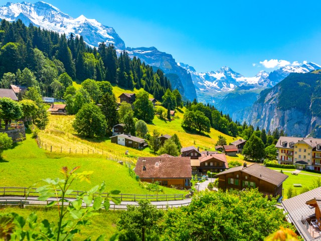 Village of Wengen, Switzerland, surrounded by the Swiss Alps