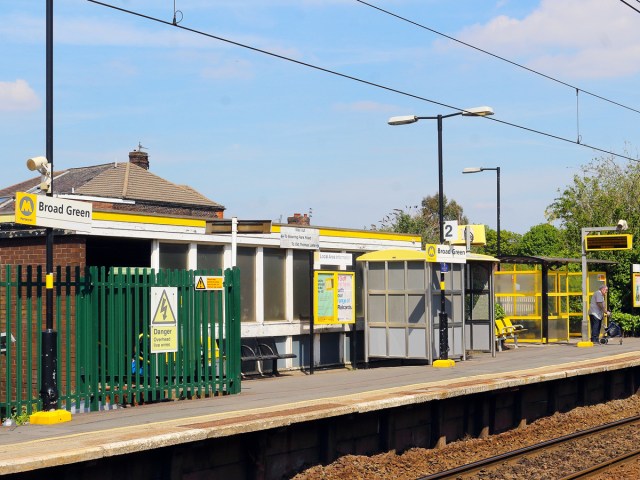 Empty platform at Broad Green Station in Liverpool, England