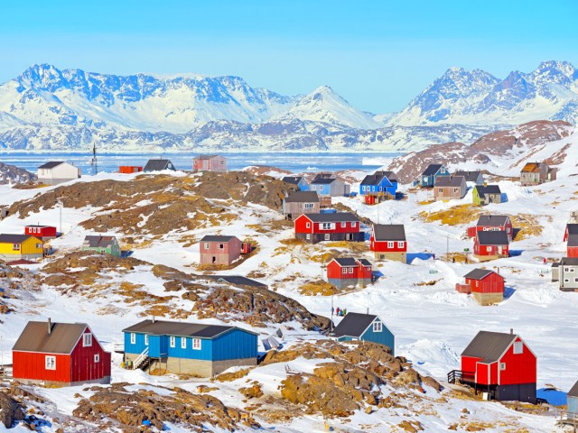 Colorful homes amid snowy landscape of Greenland