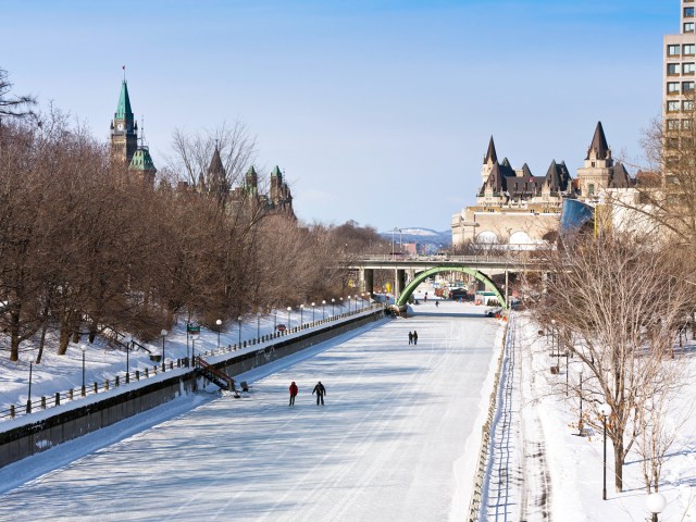 Aerial view of the Rideau Canal Skateway in Ottawa, Canada, in winter