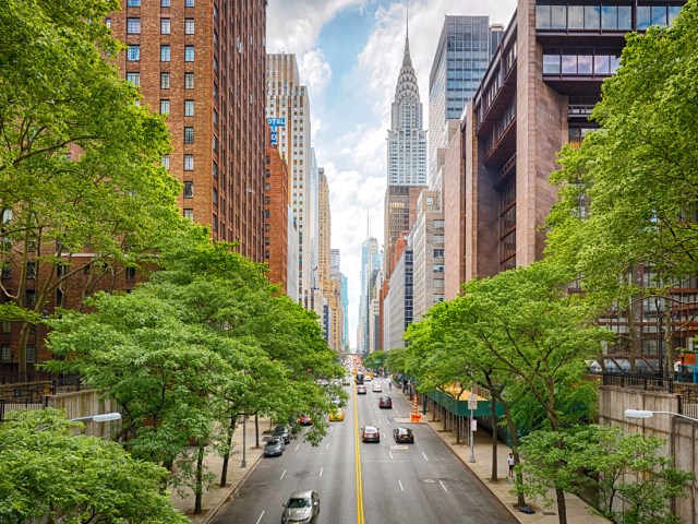 Tree-lined street in Manhattan, New York City, with view of Chrysler Building