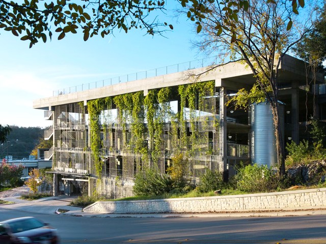 Foliage-covered exterior of T3 Parking Structure in Austin, Texas