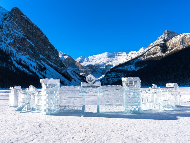 Ice sculptures on frozen Lake Louise in Banff National Park, Canada