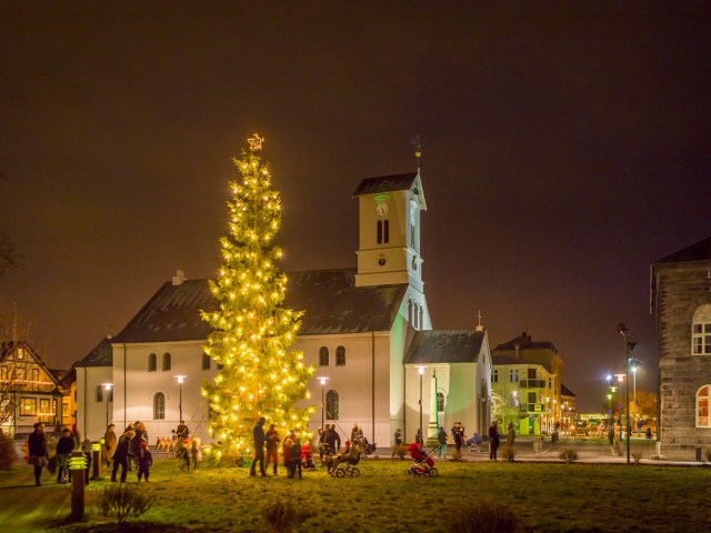 People standing in front of Christmas tree and church in Reykjavik, Iceland