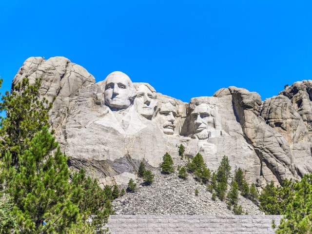 View of Mount Rushmore in Black Hills of South Dakota, featuring carved faces of four presidents