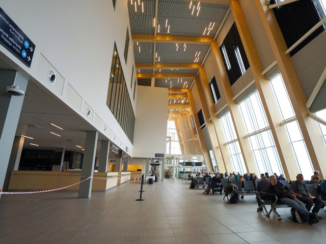 Passengers inside new terminal at Nuuk International Airport, Greenland