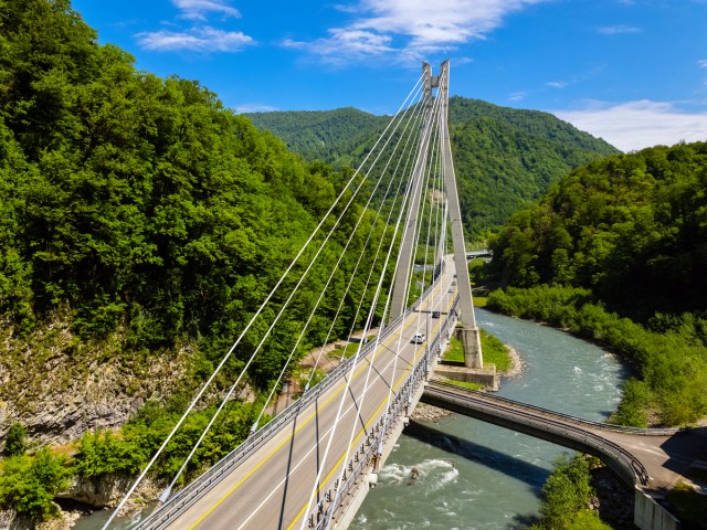 Aerial view of bridge along the Adler-Krasnaya Polyana Highway in Russia